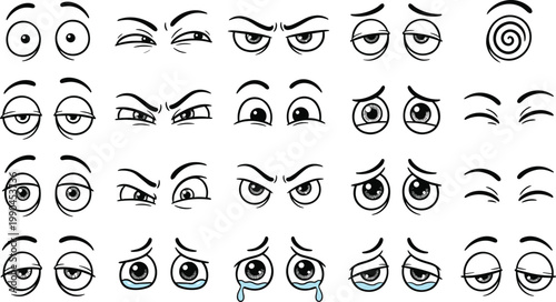 Cartoon eyes expressions set line art illustration, emotive facial features collection with different moods for character design concepts