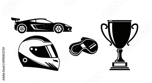 Racing Car Helmet Goggles Trophy Icons.
