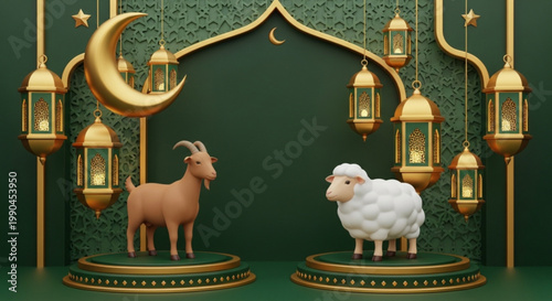 Islamic Eid al-Adha celebration with goat and sheep golden crescent moon and lanterns festive green background 3D render