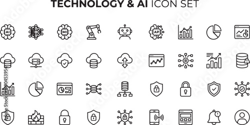 Technology and AI Icon Set with Cloud Computing, Cyber Security, Data Analytics, Automation, Robotics and Digital Innovation Outline Vector Collection