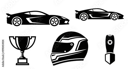 Racing sports car helmet trophy and award icons.