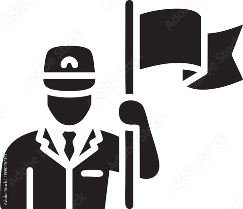 Black and white flag waving porter icon, simple flat symbol, uniformed staff illustration, monochrome graphic element