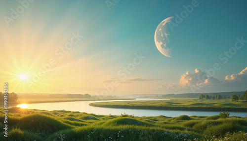 serene landscape features a winding river, lush green fields under a bright sun, and a large moon in the sky, concept tranquility and nature awareness