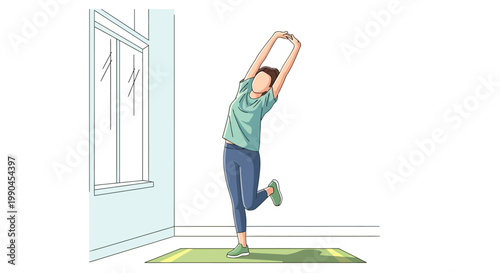 Woman doing indoor standing side stretch on a mat near window, vector illustration
