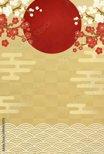 梅の花と紅白の背景 - 和風の新年や春のデザインテンプレート
