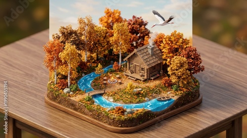 Cozy Autumn Camp Scene with Cabin and Stream in Vibrant Nature Setting