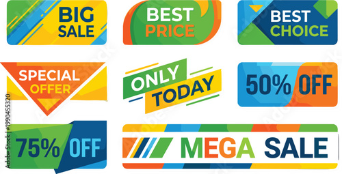 Colorful sale badges and discount labels illustration, modern promotional tags with special offer best price and percentage off marketing design