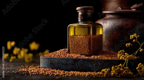 A professional shot of a bottle of premium mustard oil, with a rustic metal container and fresh mustard seeds scattered around, product photography, dark background, studio light