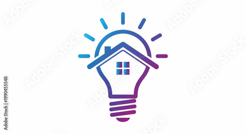 Light bulb icon with house shape and colorful rays, symbolizing home ideas, inspiration and sustainable energy solutions