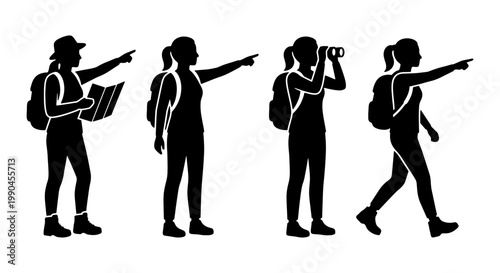 Hiking woman silhouette set, female traveler with backpack and map vector icons, girl tourist exploring with binoculars and pointing