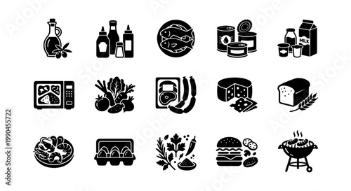 Black grocery food icons set, 15 solid vector symbols of supermarket products and cooking ingredients, minimalist kitchen and pantry supply collection