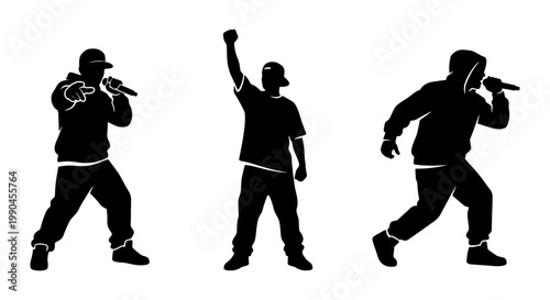 Hip hop singer silhouettes set, rap artist performing with microphone vector, urban street culture musicians in baggy clothing and hoodies
