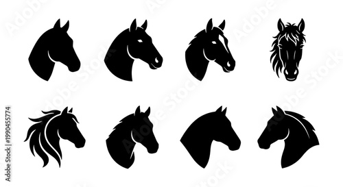 Horse head silhouette vector set, 8 black stallion profile icons, equestrian animal logo collection, minimalist mustang and pony head graphics