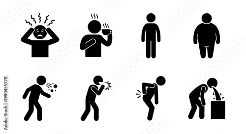 Medical symptoms and sickness icons set, black stick figure person suffering from illness and pain, health problems and disease vector collection