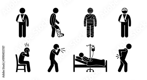 Medical injury and illness stick figure icons, black silhouette patient characters with broken bones and sickness, 8 vector health symbols