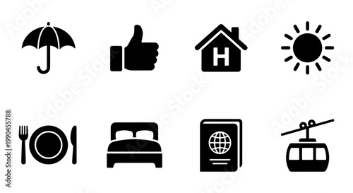 Minimalist travel icons set, black silhouette vacation symbols vector, 8 hotel and tourism elements for map wayfinding and mobile apps