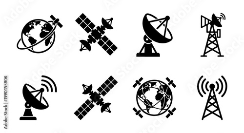Satellite communication icons set, black telecommunication vector symbols, global network and radio tower silhouettes, 8 space technology elements