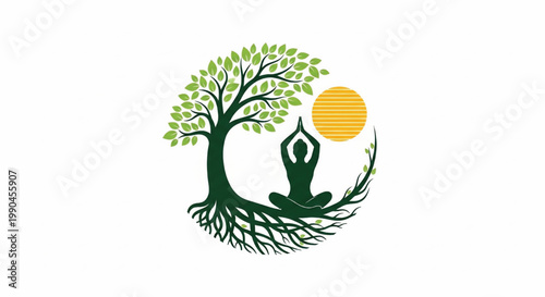 Tree of life logo with lotus yoga figure, green leaves, roots, and a rising sun icon featuring meditation, mindfulness, spiritual growth with