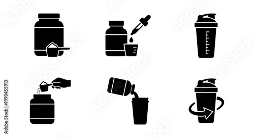 Fitness Supplement Icon Set, Black Solid Vector Icons of Protein Powder Jars and Shaker Bottles, Sports Nutrition and Bodybuilding Diet Elements
