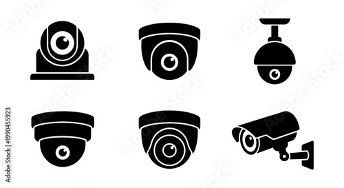 Security camera icon set with 6 black vector silhouettes, CCTV surveillance system elements, modern dome and bullet camera equipment for safety monitoring