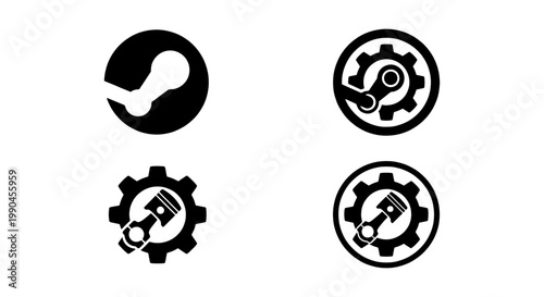 Industrial mechanical gear and piston icons, black silhouette engine parts vector set, minimalist automotive machinery symbols for repair and engineering