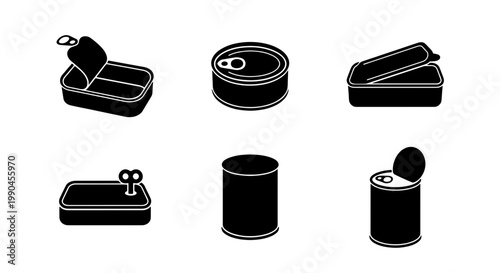 Minimalist canned food icons set, black silhouette tin cans for sardines and tuna, 6 vector elements for grocery packaging and pantry storage