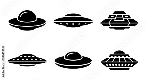 UFO spaceship icon set, black flying saucer silhouette collection, 6 alien spacecraft vector elements, futuristic extraterrestrial transport symbols