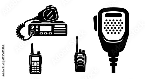 Radio communication equipment vector set, portable walkie talkie icons, mobile cb radio station with handheld microphone, black silhouette telecommunication tools