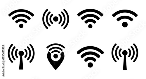 Wireless wifi icon set with 8 black vector symbols, minimalist internet signal strength indicators, radio wave and hotspot connection signs