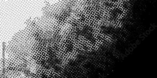 Abstract black and white halftone gradient background with dense dotted texture and grunge fade effect, modern vector design for bold print, digital, and creative projects