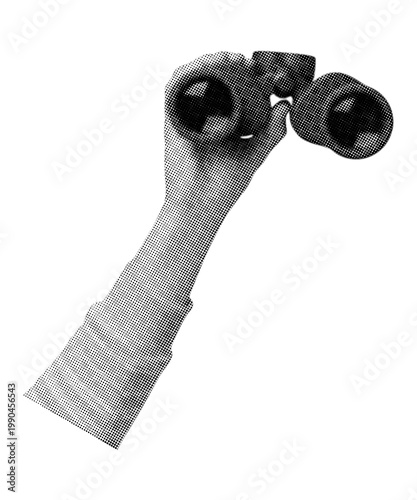 Trendy dotted halftone hand holding binoculars isolated on a transparent background