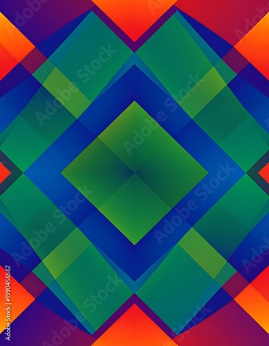 Vibrant Abstract Geometric Background With Overlapping Colorful Diamond Shapes And Symmetrical Pattern In Green Blue And Orange
