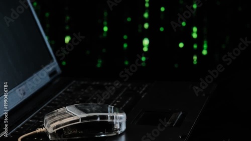 retro laptop with a matrix background