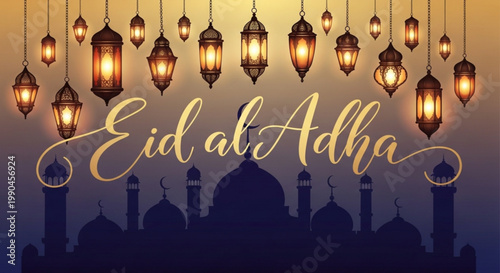 Eid al Adha celebration with hanging lanterns and mosque silhouette festive Islamic background for greeting cards and 