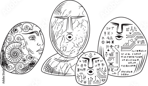 Abstract Surreal Stone Faces with Fossil Patterns, Ancient Cuneiform Symbols, and Futuristic Circuitry Line Art
