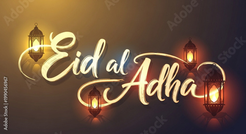 Eid al Adha calligraphy with glowing lanterns festive Islamic holiday greeting traditional celebration background