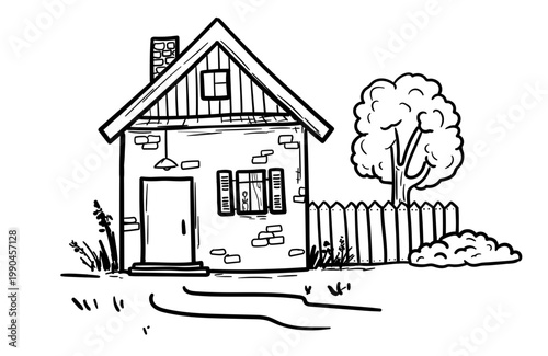 A rustic house with a fence and bushes, a hand-drawn sketch. Vector illustration. Cottage with porch and isolated tree on a white background
