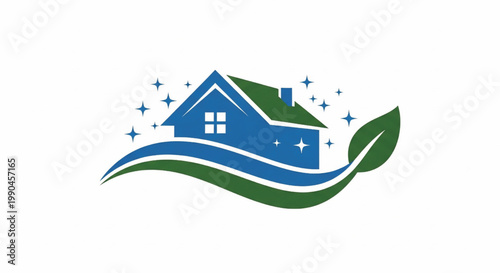 House home leaf eco logo with blue roof, green wave lines, and sparkle stars for sustainable living concept