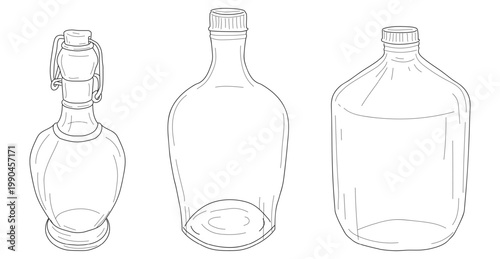 Glass jars for storing wine and compotes, the sketch is hand-drawn. Vector illustration. A set of glassware is isolated on a white background. Chemical Flask