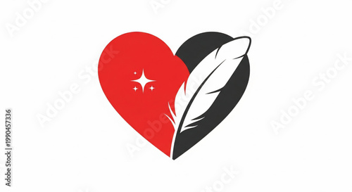 Heart with feather and sparkle icon symbolizing love, kindness, and inspiration in minimalist vector style