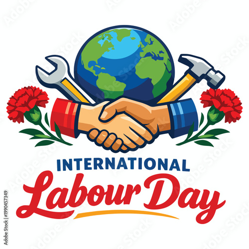 International Labour Day logo with globe and handshake symbolism, workers tools and blooming flowers, celebrating fair work, solidarity, global rights and peace for better world