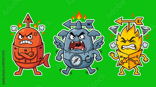 Angry Cartoon Compass Characters with Expressions