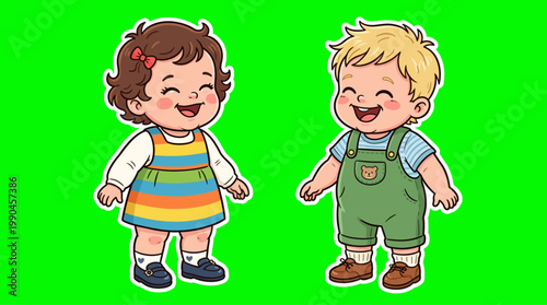 Happy Cartoon Children Smiling Against Green Background