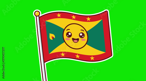 Cartoon Grenada Flag with Smiling Face on Green Screen