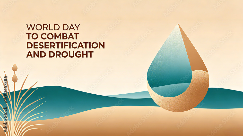Fototapeta premium Desert water droplets and vegetation elements, promoting the concept of symbiosis between water and land to prevent desertification and drought, and adapting to environmental protection propaganda 