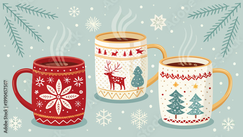 Cozy winter mugs with festive holiday patterns and hot drinks on a snowy background with pine branches