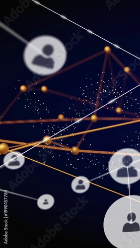 Vertical video: White beam sweeping sparking user icons gliding linking gold net for tech designers