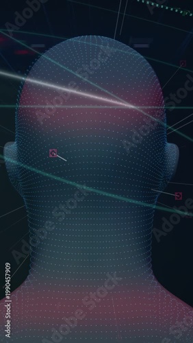 Vertical video: Cyan beam starting head rotation, dotted mesh rotating, markers mapping for setup