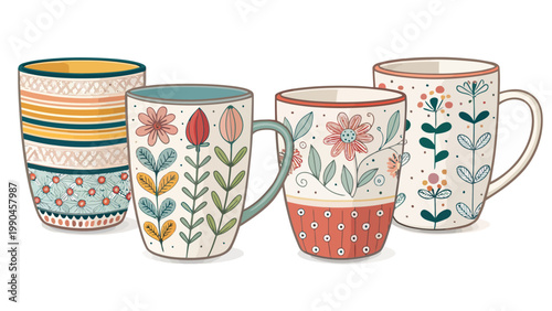 Colorful ceramic mugs with floral patterns stripes and dots on white background perfect for coffee or tea