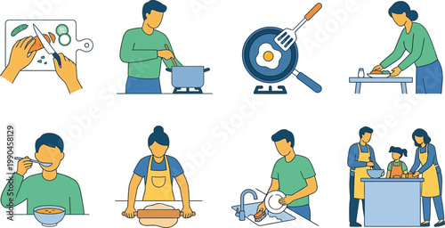 Illustrations of various stages and tasks involved in cooking and food preparation Vector